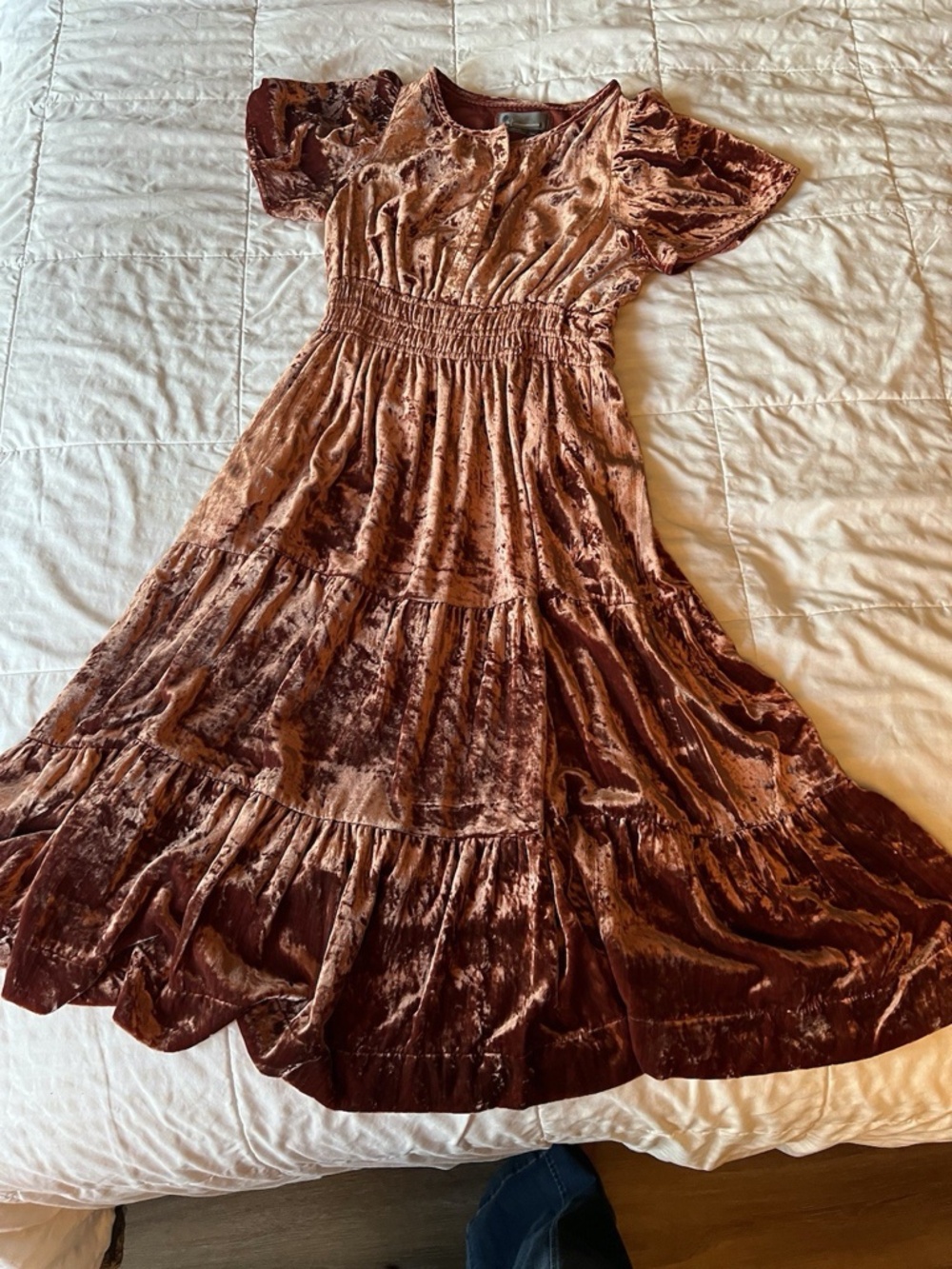 Anthropologie The Somerset Maxi Dress Velvet Edition Tiered Copper XS P Sedona - Picture 4 of 4